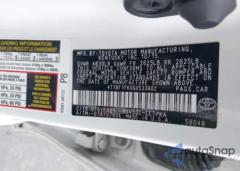 2016 Toyota Camry Se z USA, uszkodzony, nr VIN 4T1BF1FK0GU533602